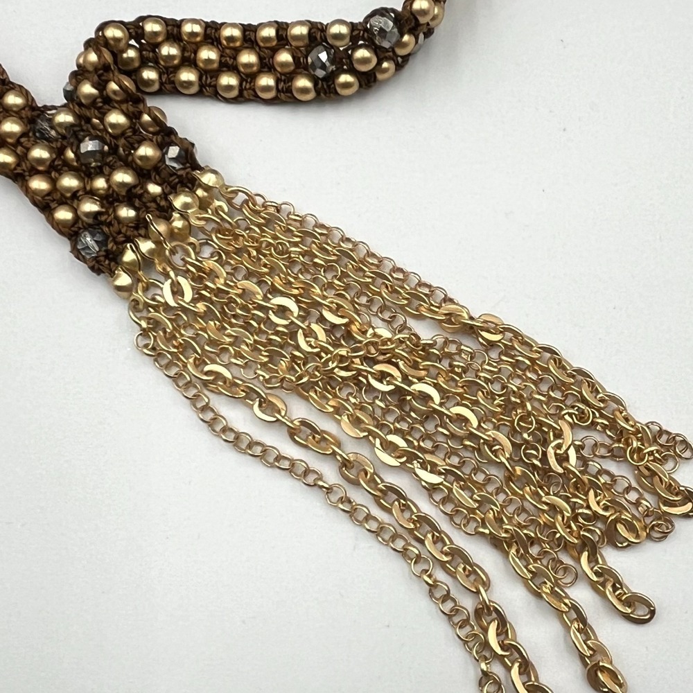 Vintage Chico's Gold Tone Beaded Tassel‎ Necklace Woven Bronze Tone Cord Lariat - Picture 3 of 11